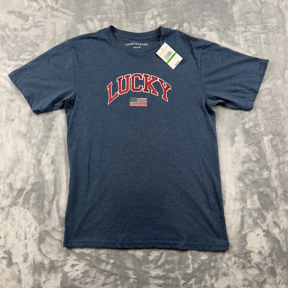 Lucky Brand Mens Blue Graphic T-Shirt American Flag Collegiate NEW